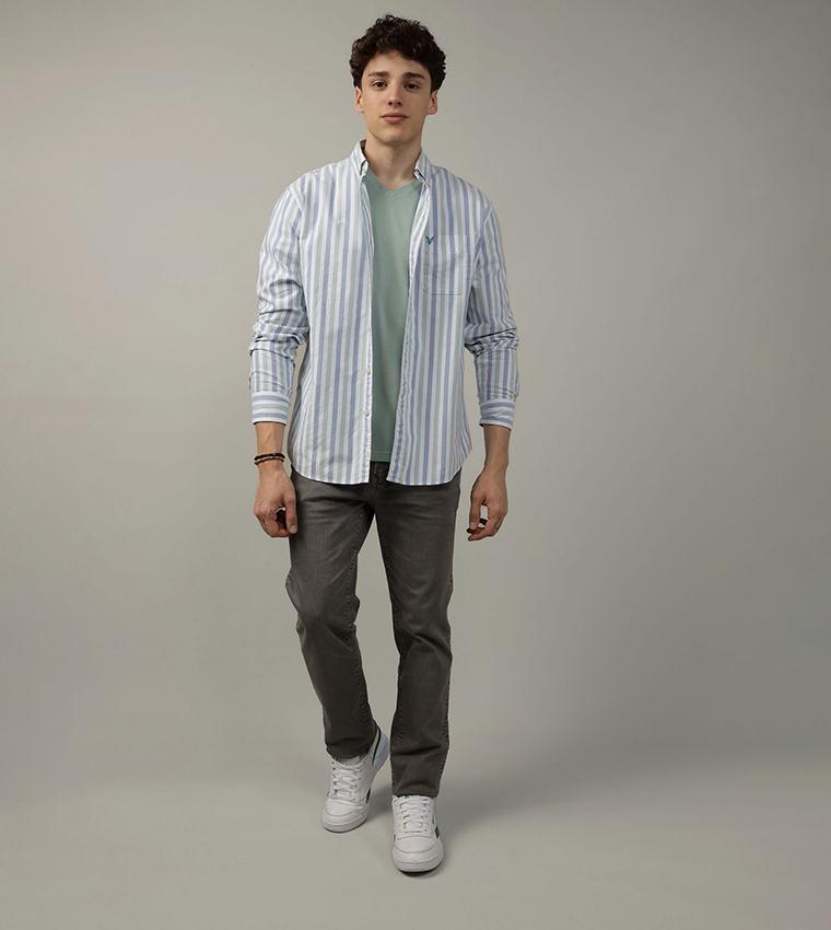 Buy American Eagle Striped Everyday Oxford Button Up Shirt In Green |  6thstreet Qatar
