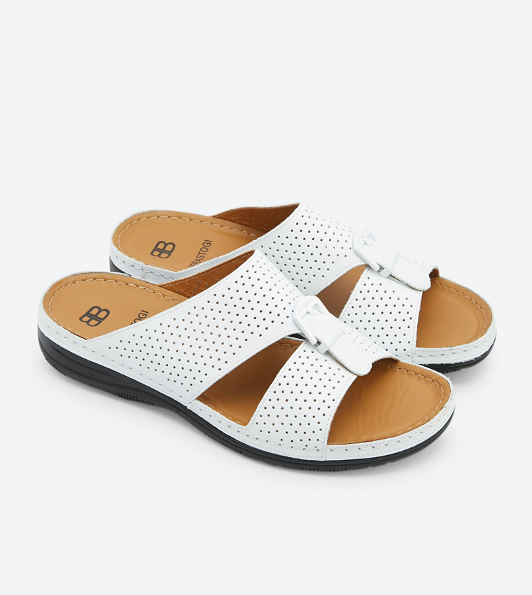 Open Back Buckle Closure Round Toe Slides - White
