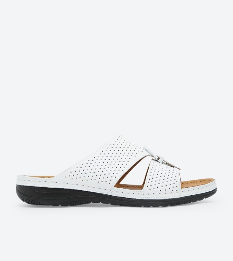 Open Back Buckle Closure Round Toe Slides - White