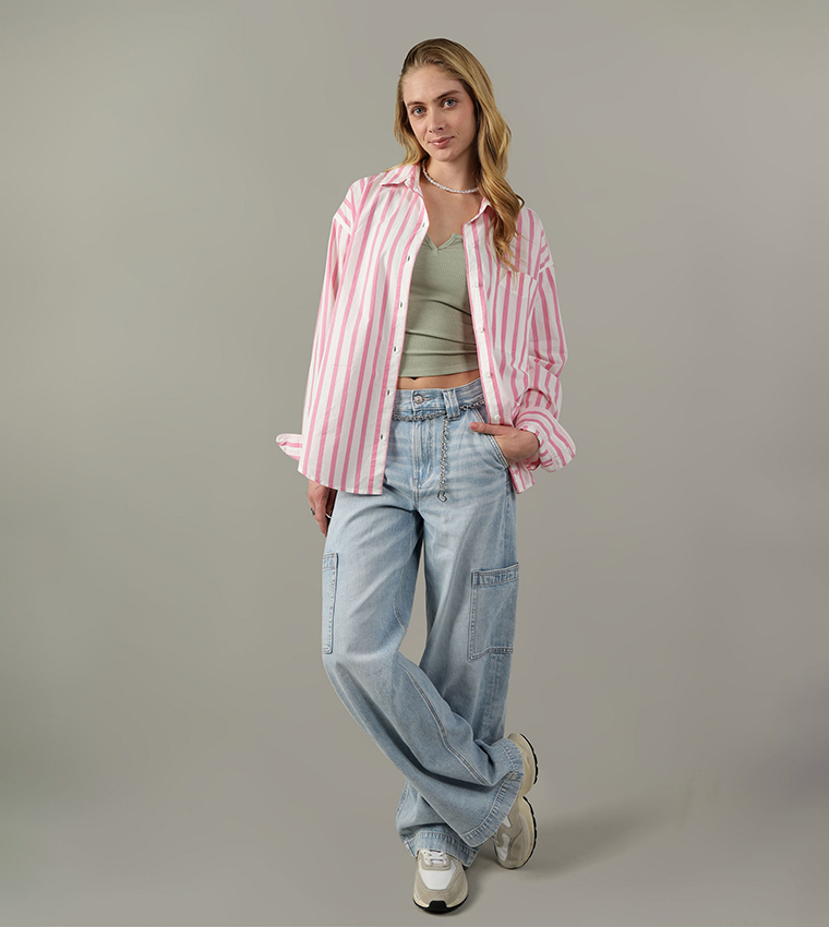 Buy American Eagle Striped Long Sleeves Oversized Shirt In Pink