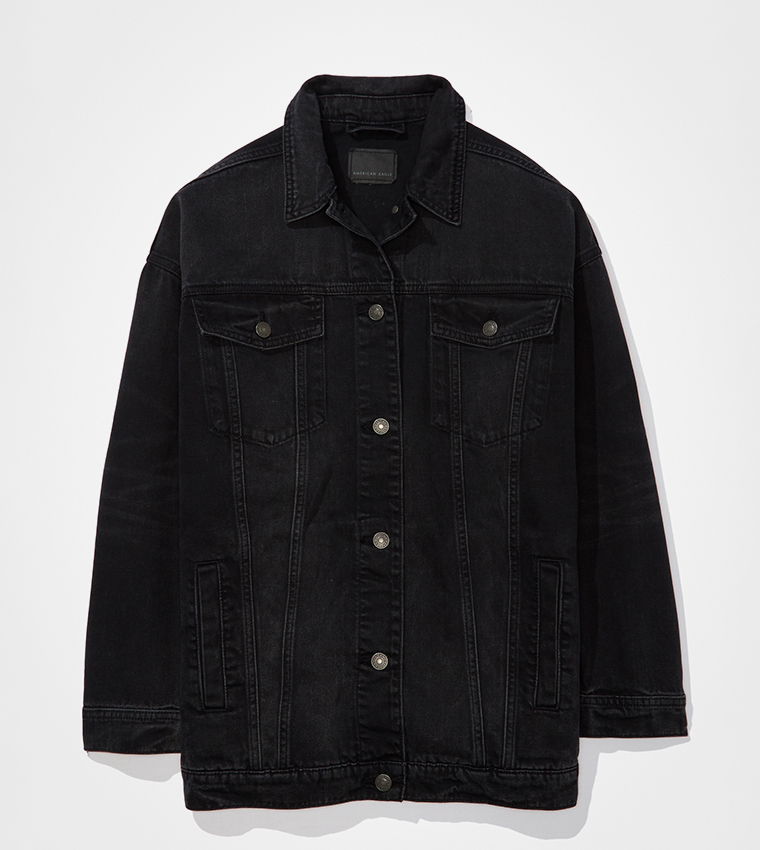 Buy American Eagle Solid Oversized Denim Jacket In Black 6thStreet Kuwait