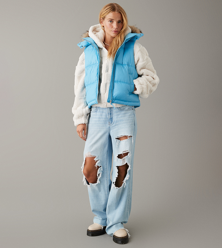 Buy American Eagle Faux Fur Hooded Puffer Gilet In Blue 6thStreet Bahrain