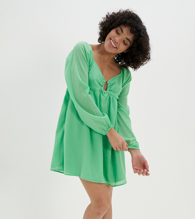 Pintuck Detail Long Sleeves Mini Dress