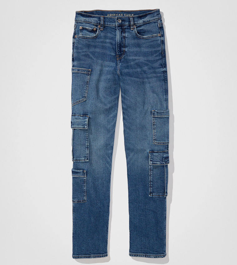 Buy American Eagle High Waist Straight Fit Cargo Jeans In Blue