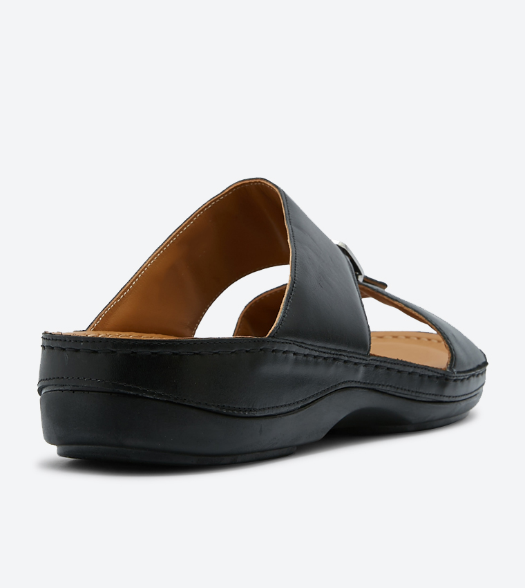 Round Toe Buckle Closure Open Back Slipper - Black