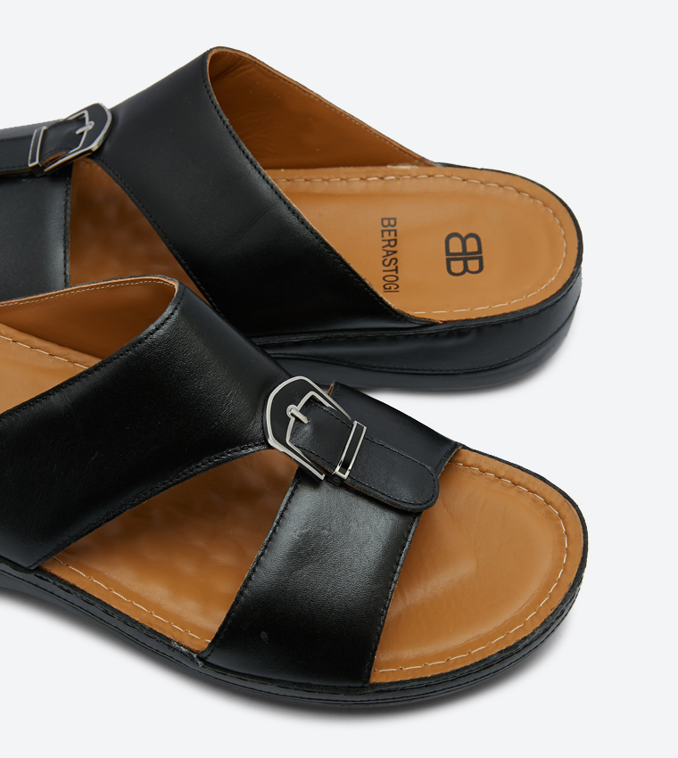 Round Toe Buckle Closure Open Back Slipper - Black