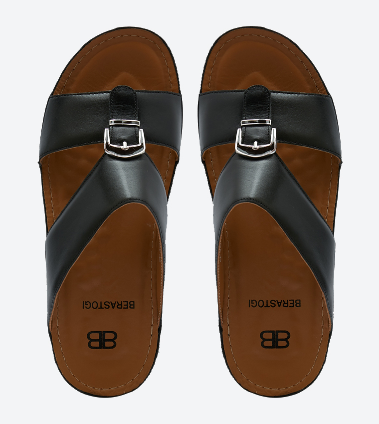 Round Toe Buckle Closure Open Back Slipper - Black