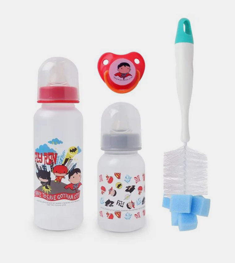 Batman and Superman Printed Baby Feeding 4 Pcs Gift Pack