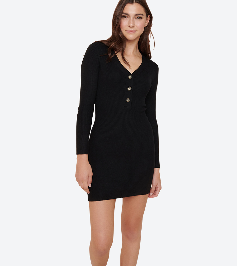 long bat sleeve dress Sybe Cut Batwing Sleeve Mini Dress in Black , Long Sleeve main image 0