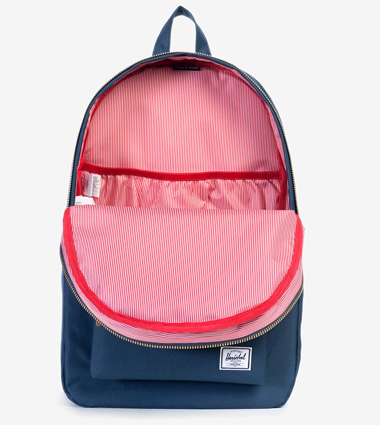 backpack with red and white stripes inside