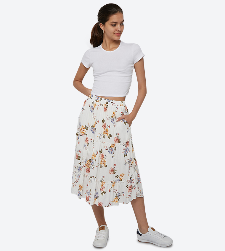 Buy Garage Floral Printed Tiered Midi Skirt White In White
