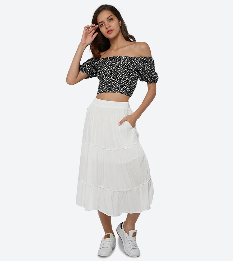 Buy Garage Elasticated Waistband Tiered Midi Skirt White In White