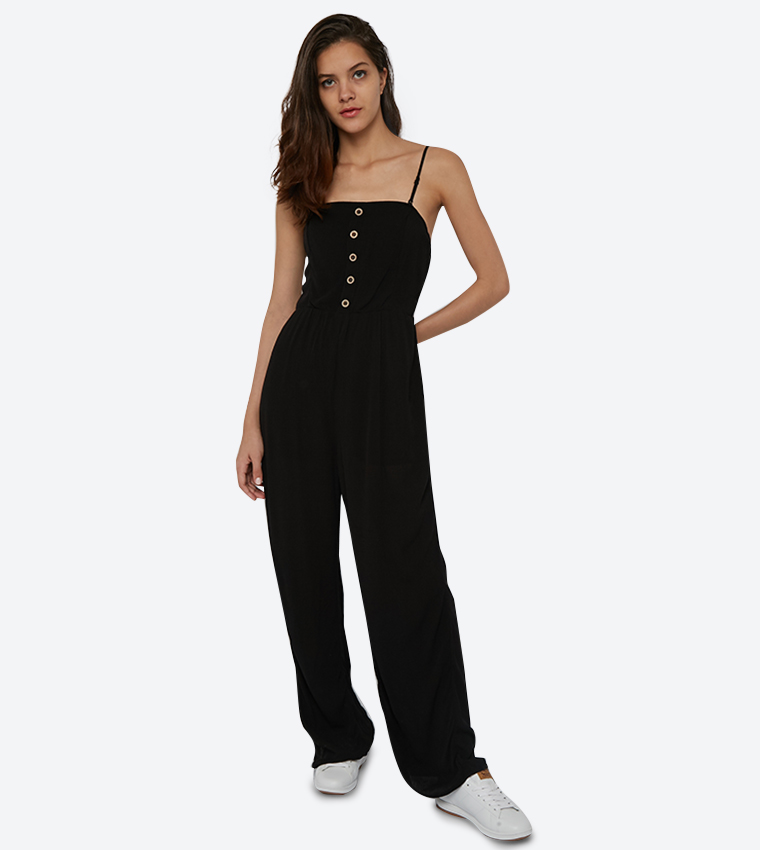 Buy Garage Square Neck Sleeveless Smocked Jumpsuit Black In Black