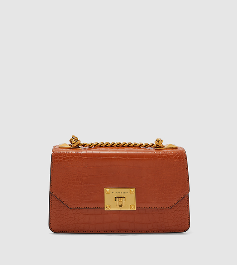 Buy Charles Keith Croc Effect Chain Strap Crossbody Bag Cognac