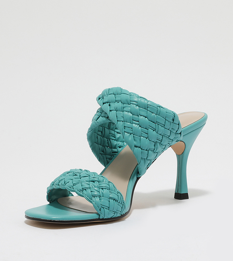 Double Strap Woven Heeled Mules