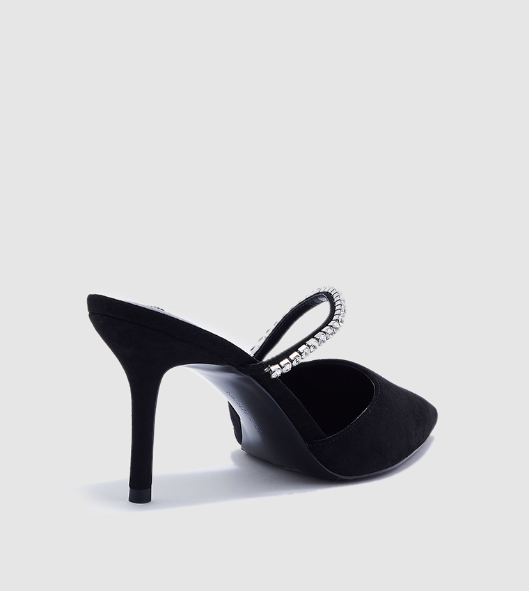 Gem-Encrusted Textured Stiletto Mules 