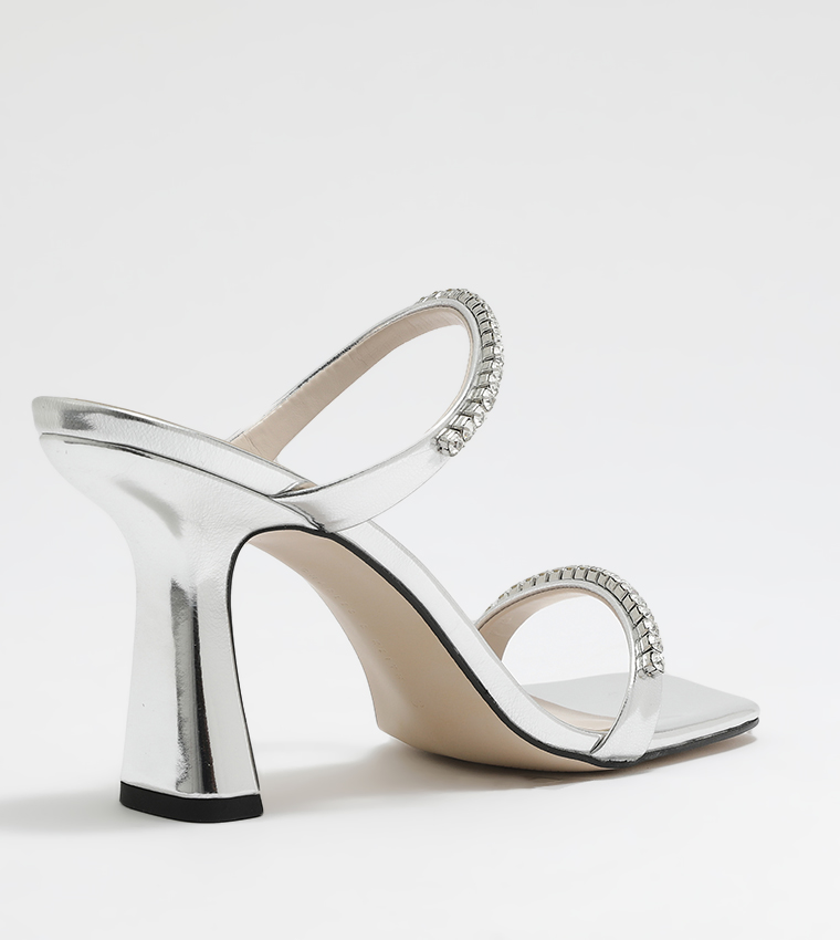 Silver Metallic Gem-Encrusted Heeled Sandals - CHARLES & KEITH IN