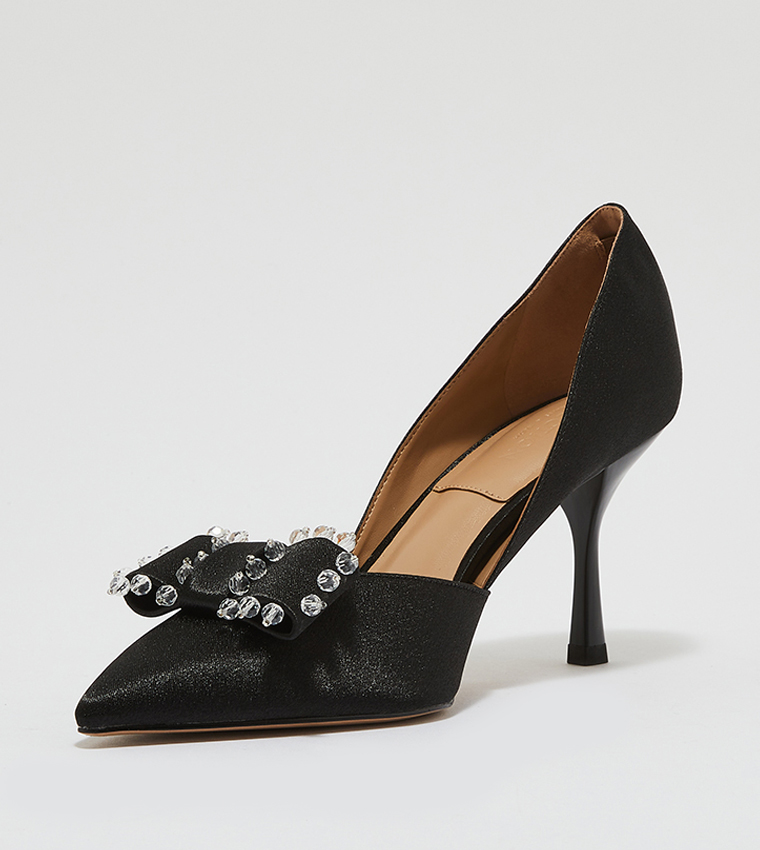 Satin Bead-Embellished D'Orsay Pumps 