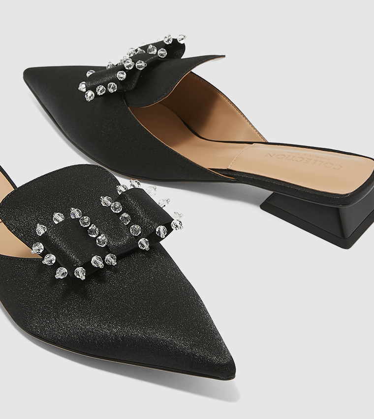 Buy Charles & Keith Satin Bead Embellished Loafer Mules In Black