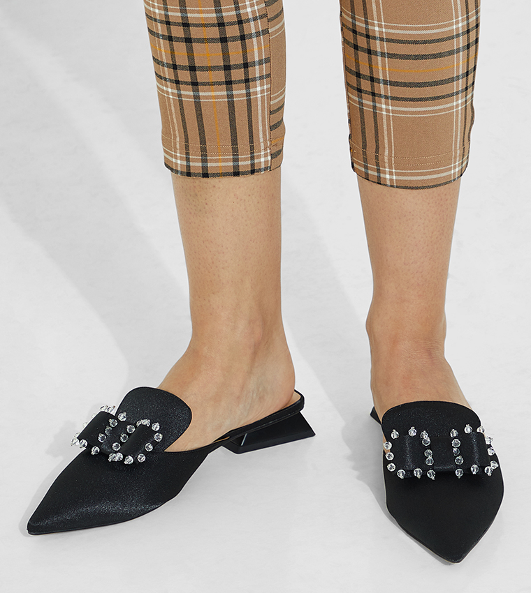 Buy Charles & Keith Satin Bead Embellished Loafer Mules In Black