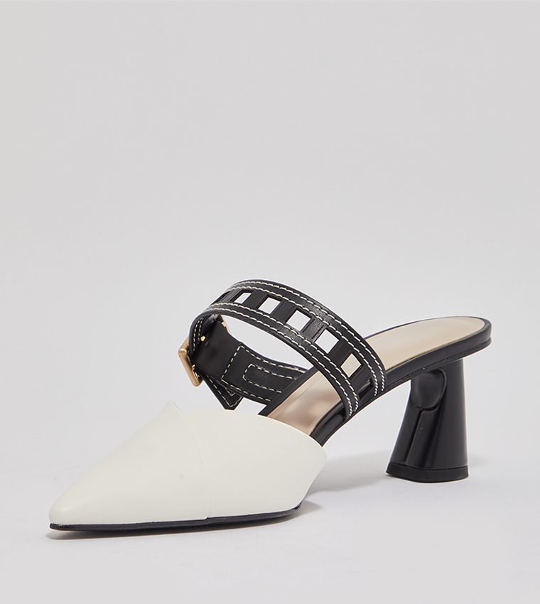 Cut-Out Strap Heeled Mule Pumps
