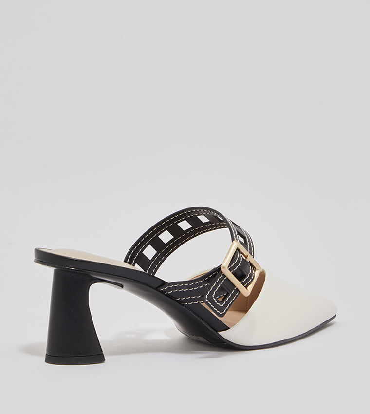 Cut-Out Strap Heeled Mule Pumps