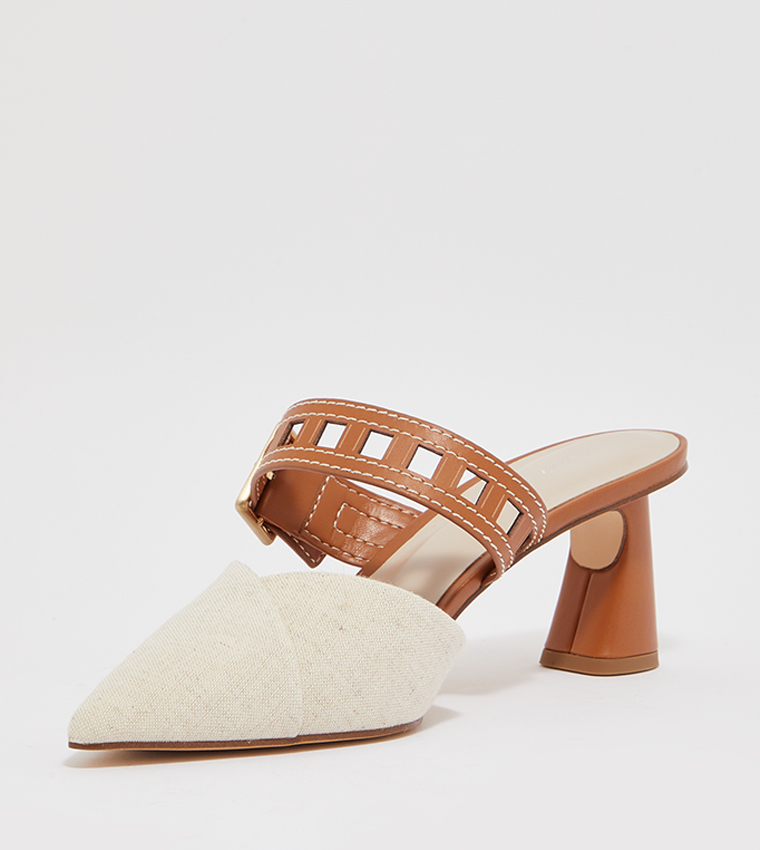 Cut-Out Strap Heeled Linen Mule Pumps