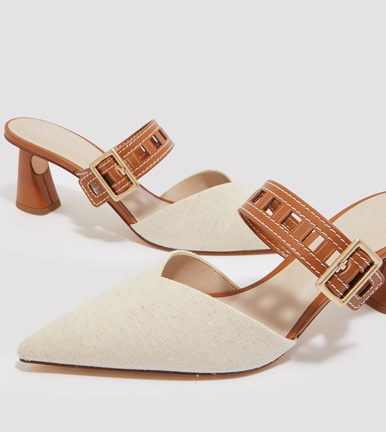 Cut-Out Strap Heeled Linen Mule Pumps