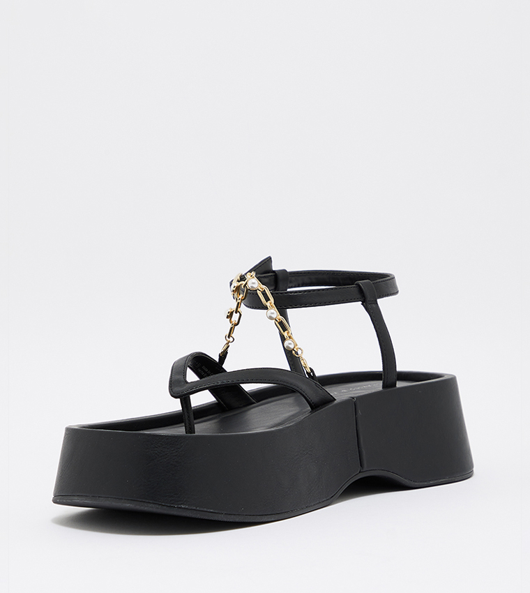 Buy Charles & Keith Savannah Chain Embellished Ankle Strap Flatforms In  Black