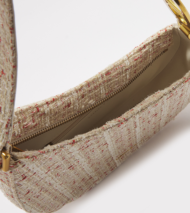 Charles & Keith - Women's Tweed Asymmetrical Shoulder Bag, Cream, M
