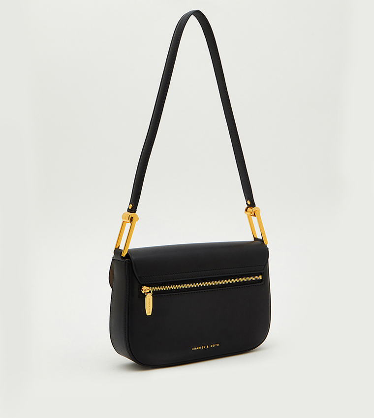 Black Koa Square Push-Lock Shoulder Bag, CHARLES & KEITH