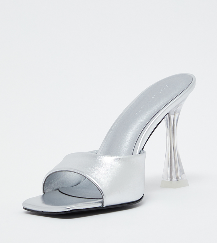 Silver Clear Flared Heel Metallic Mules - CHARLES & KEITH IN