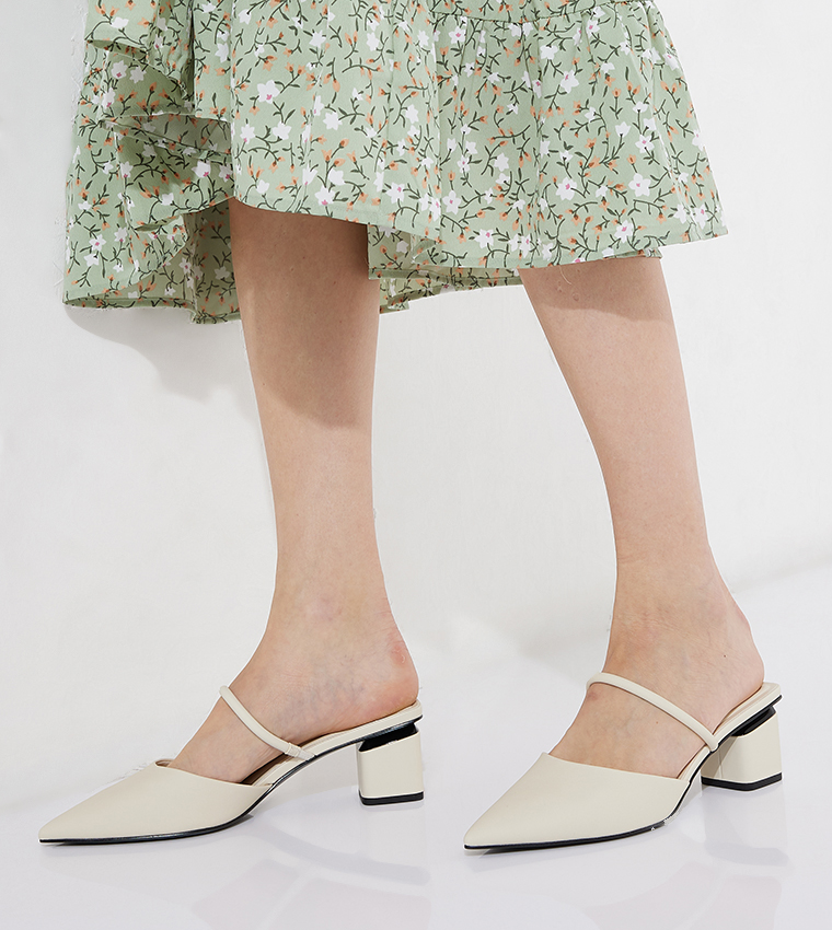 Buy Charles Keith Pointed Toe Block Heel Mules In Beige