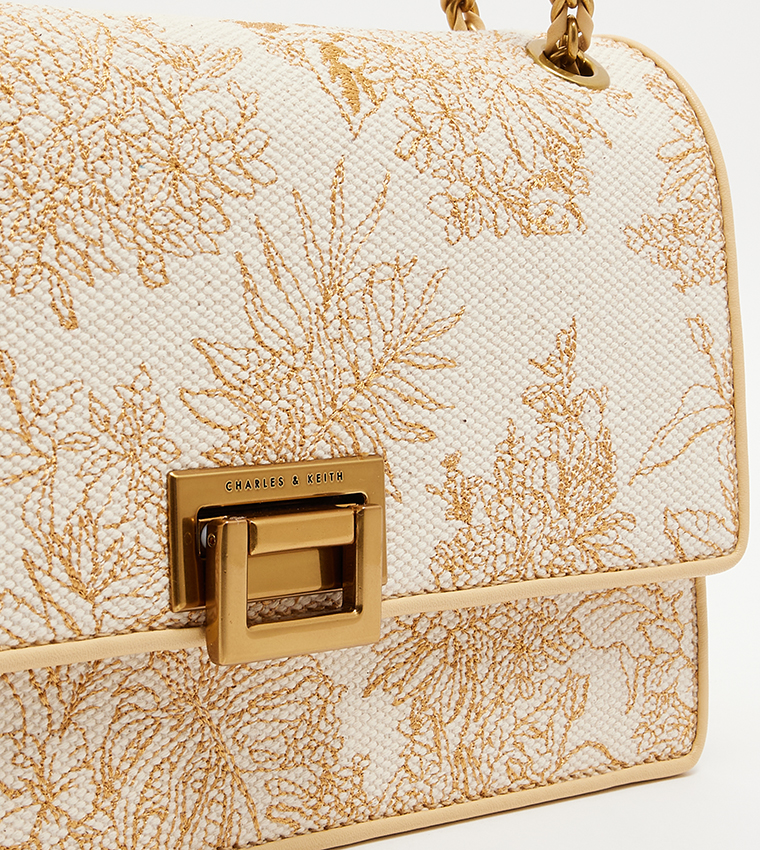 Floral Illustrated Canvas Shoulder Bag - Beige