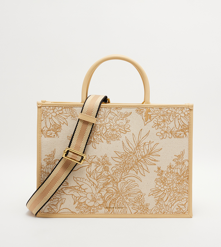 Beige Floral Illustrated Canvas Tote Bag - CHARLES & KEITH US