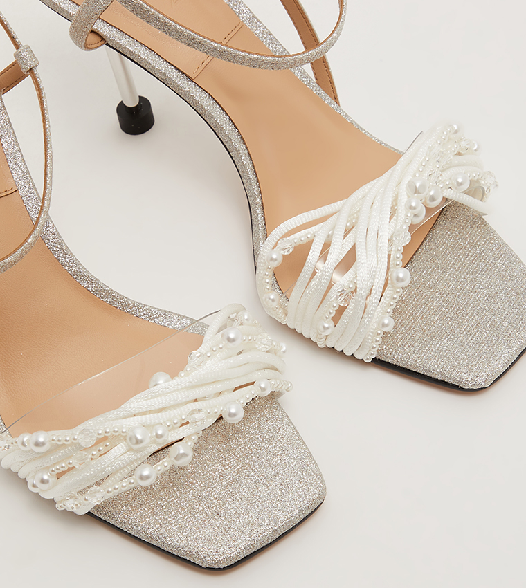 Beaded Square Toe Stiletto Heel Sandals