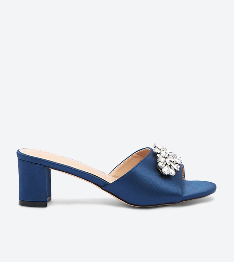 Buy ZAHA CCC Stud Detailed Round Toe Block Heel Mules Navy In Navy 6thStreet UAE