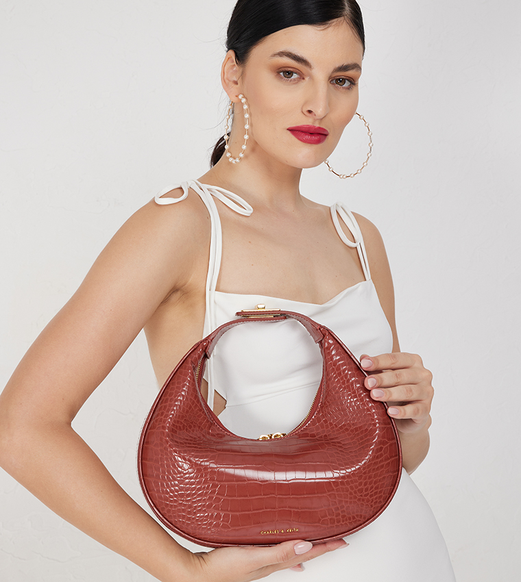 Croc Textured Crescent Hobo Bag