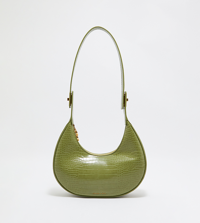 Buy Charles & Keith Croc Textured Crescent Hobo Bag In Olive