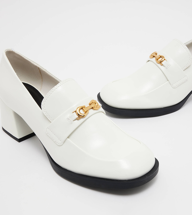 Metallic Accent Block Heel Loafer Pumps