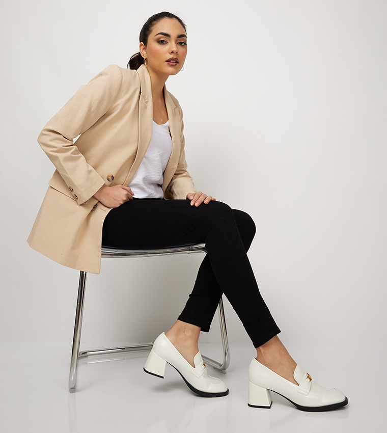 Metallic Accent Block Heel Loafer Pumps