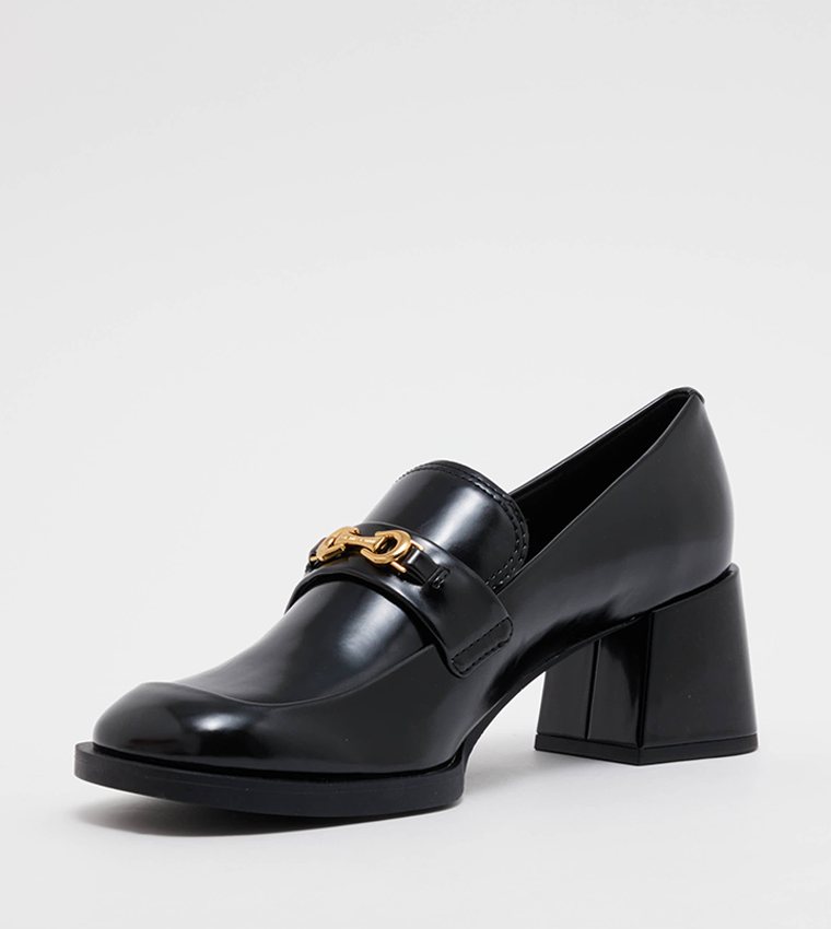 Metallic Accent Block Heel Loafer Pumps