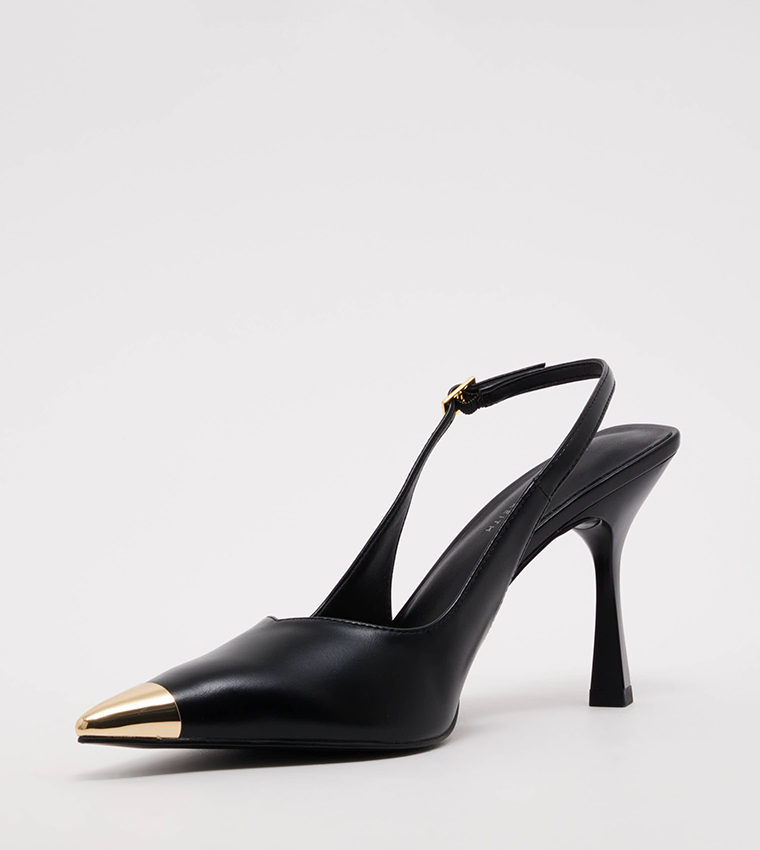 Metal Cap Pointed-Toe Slingback Pumps