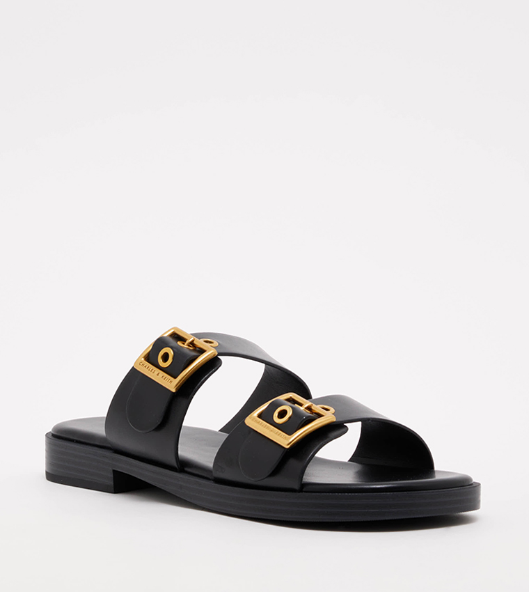 Buy Charles Keith Buckled Double Strap Slide Sandals In Black