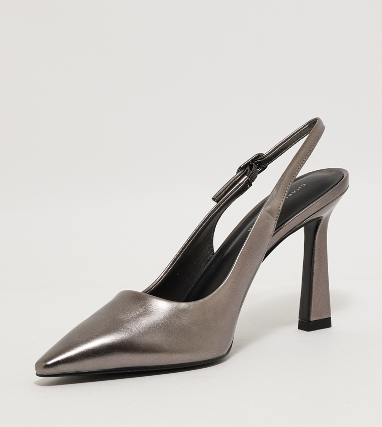 Metallic Trapeze Heel Slingback Pumps