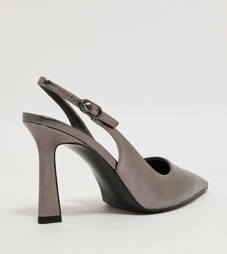 Metallic Trapeze Heel Slingback Pumps