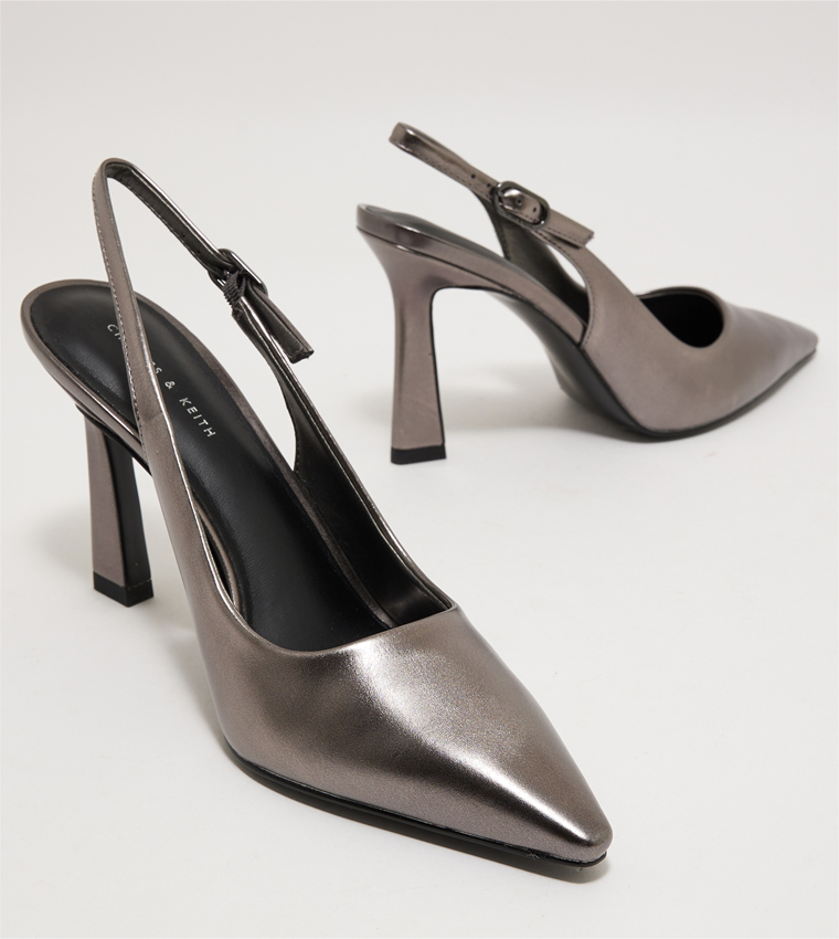 Metallic Trapeze Heel Slingback Pumps