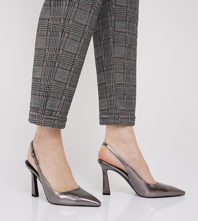 Metallic Trapeze Heel Slingback Pumps