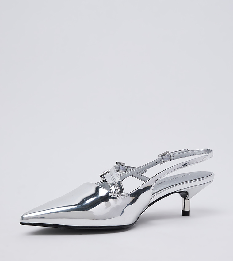 Metallic Buckle Strap Kitten Heel Slingback Pumps