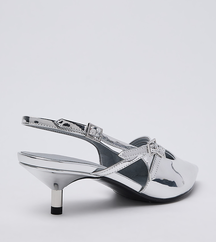 Metallic Buckle Strap Kitten Heel Slingback Pumps